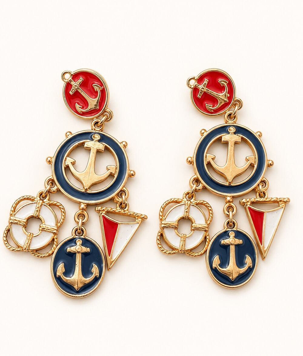 Vintage Nautical Anchor Statement Earrings Red Blue White Enamel Maritime